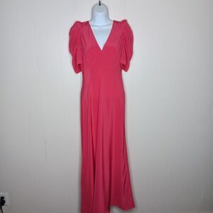 Banana Republic Matte Silk Maxi Dress Womens Size 2 Coral Gem V-Neck Puff Sleeve
